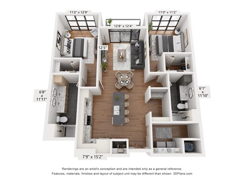 A 3D floor plan of a house with a living room, kitchen, and two bedrooms.